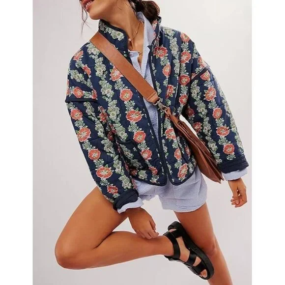 Women’s Navy Cropped Puffer Jacket Floral Printed Quilted Lightweight Coat - Picture 4 of 6